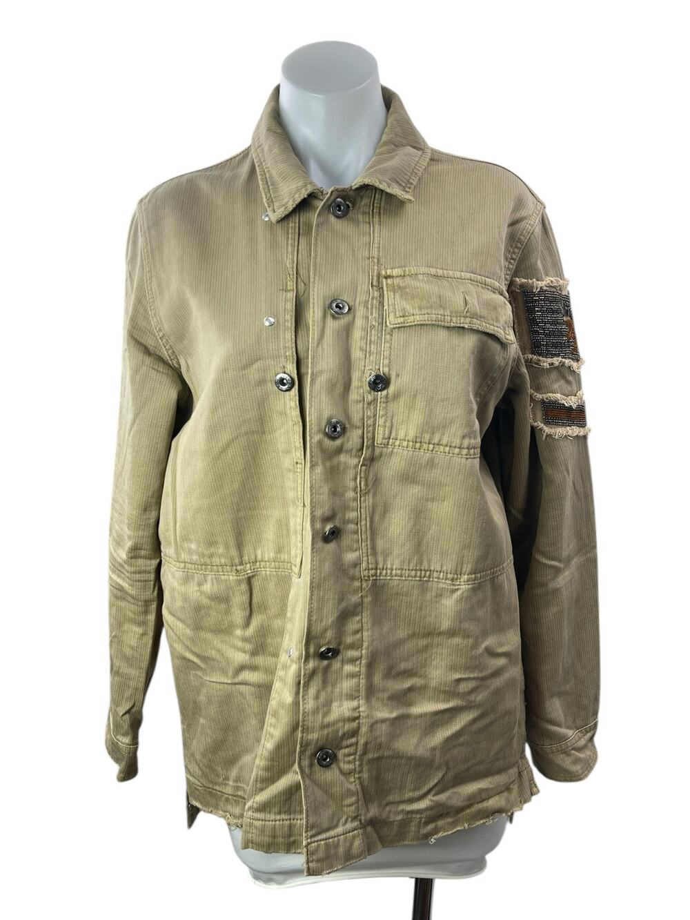 Free People Olive Green Khaki Embellished Army Utility Military Shirt Jacket S